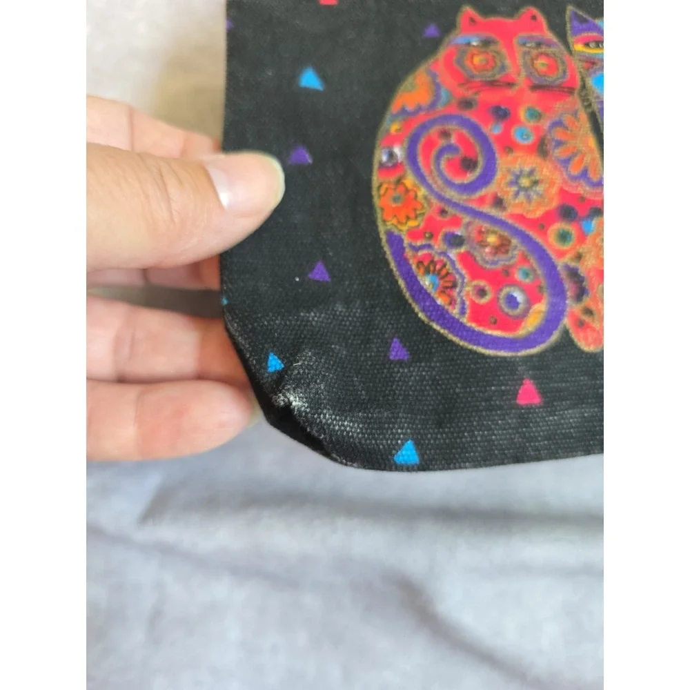 Laurel Burch Colorful Painted Cats On Black Canvas Cosmetic Bag Orange Kitty